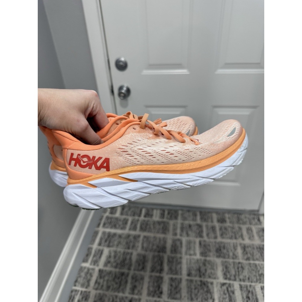 HOKA Women's Clifton Orange White Green Lace-Up Low Top Mesh Athletic Sneaker